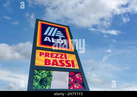 Fossano, Italy - November 24, 2021: Sign of an Aldi supermarket in Italy. Aldi is is a global German Discount Supermarket chain Stock Photo