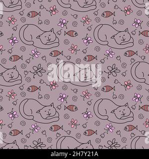 Seamless pattern with cat, fish and butterfly on dusty rose background. Stock Vector