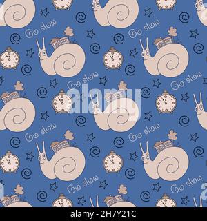 Seamless pattern with snail and text Go Slow on blue background. Slow life vector illustration. Stock Vector