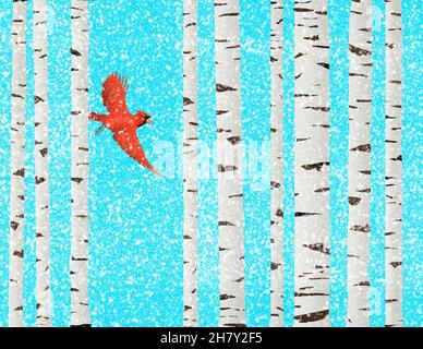 A cardinal bird is seen flying between paper birch trees during a snow storm in this 3-d illustration. Stock Photo