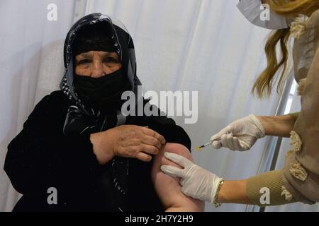 Ankara, Turkey. 25th Nov, 2021. A woman receives a dose of the COVID-19 vaccine in Ankara, Turkey, on Nov. 25, 2021. Turkey on Thursday reported 24,467 new COVID-19 cases, raising its tally of infections to 8,676,639. The death toll from the virus in Turkey rose by 222 to 75,840, and 29,639 people recovered in the last 24 hours, the Turkish Health Ministry said. Credit: Mustafa Kaya/Xinhua/Alamy Live News Stock Photo