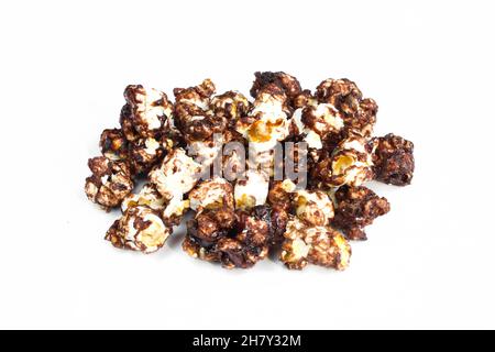 Group of chocolate popcorns isolated on white background. Delicious dessert Stock Photo