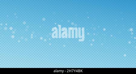 Sparse snowfall Christmas background. Subtle flying snow flakes and stars on blue transparent background. Attractive winter silver snowflake overlay t Stock Vector