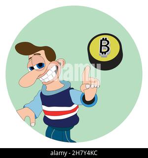 Man with cheeky smile and a big nose pointing at a bitcoin token coin Stock Vector