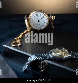 Helsinki / Finland - NOVEMBER 25, 2021: Closeup of vintage pocket watch against studio background. Stock Photo