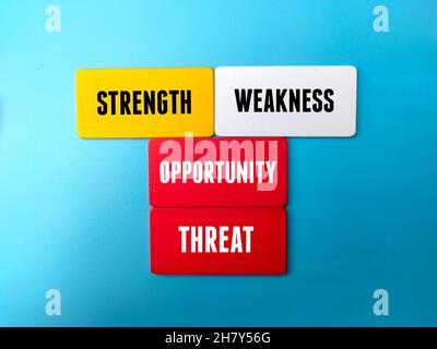 Colored wooden blocks with the words Threat Opportunity Weakness Strength. Stock Photo