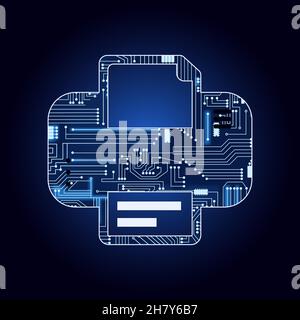 Printer with electronic circuit. Blue and gradient background. Stock Vector