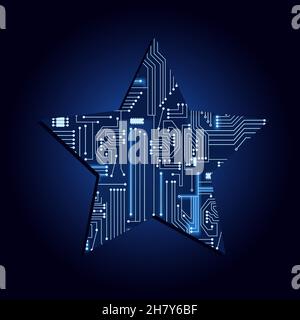 Star shape with electronic circuit. Blue and gradient background. Stock Vector