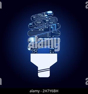 Fluorescent lamp with electronic circuit. Blue and gradient background. Energy efficiency concept. Stock Vector