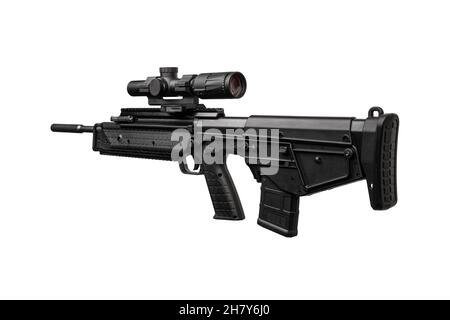 A modern automatic bullpup carbine with a telescopic sight. Weapons for defense and attack. Arming the police, special units and the army. Isolate on Stock Photo
