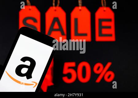 Amazon logo seen displayed on a smartphone. Stock Photo