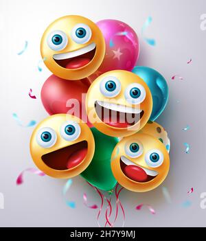 Smileys birthday characters vector design. Emojis smiley faces and balloon bunch floating with party confetti elements for birth day celebration. Stock Vector