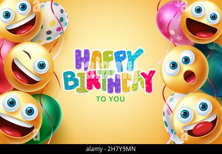 Birthday greeting vector background design. Happy birthday text with smileys and balloons floating decoration elements for birth day celebration. Stock Vector