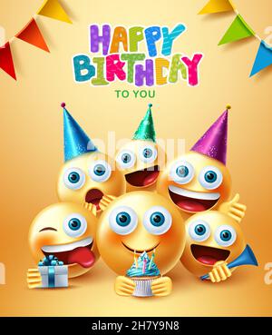 Smileys birthday greeting vector design. Happy birthday text with smiley emojis in party celebration with hats, cup cake and gift for birth day. Stock Vector