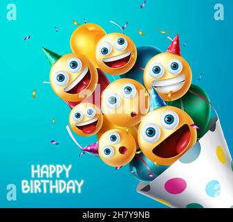 Birthday party emojis vector design. Smiley emoji in hat with balloons and confetti surprise elements for birthday celebration greeting card. Stock Vector