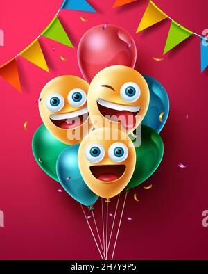 Smileys birthday balloon vector design. Emojis smiley faces in floating balloon bunch with confetti and pennants party elements for birth day. Stock Vector