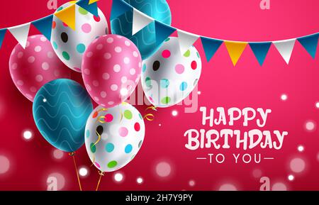 Birthday party vector background design. Happy birthday to you greeting text with celebration elements like balloons and pennants for fun. Stock Vector