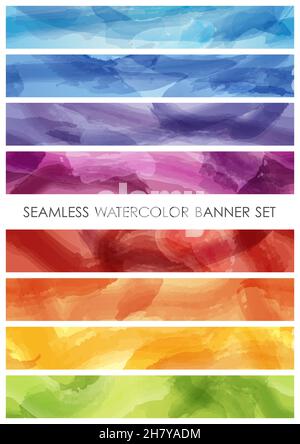 Seamless Vector Watercolor Brush Stroke Banners Set Isolated On A White Background. Horizontally Repeatable. Stock Vector