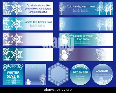 Set Of Winter Season Banners And Cards. Vector Illustration Isolated On A Dark Blue Background. Stock Vector