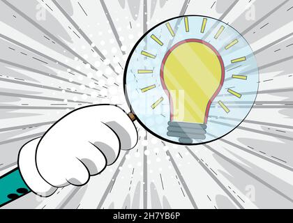 Light Bulb icon under magnifying glass illustration on comic book background. Ideas, idea, success, growth, creativity concept. Stock Vector
