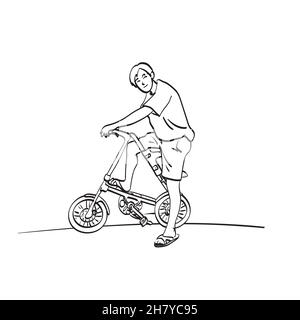 man riding modern bicycle illustration vector isolated on white background line art. Stock Vector