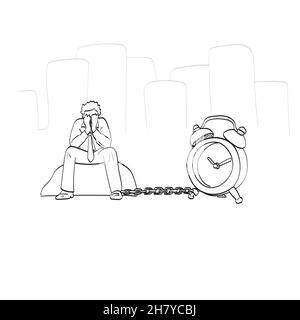 line art sad businessman chained to alarm clock illustration vector isolated on white background Stock Vector