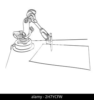 line art robot using pen to write on blank paper illustration vector isolated on white background Stock Vector