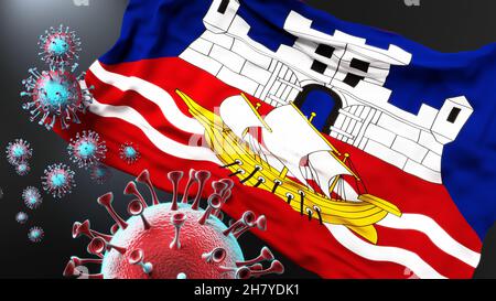 Belgrade Serbia and covid pandemic - virus attacking a city flag of Belgrade Serbia as a symbol of a fight and struggle with the virus pandemic in thi Stock Photo