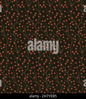 Seamless pattern with small red berries on black branches on dark background. Vector natural texture with rowan berries on intertwined stems for wallp Stock Vector