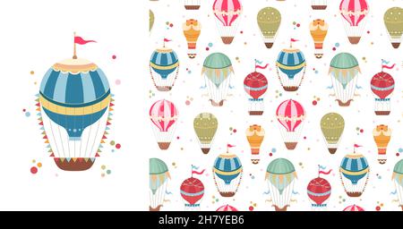 Set of card and seamless pattern witn vintage hot air balloons with ribbons, flags and confetti dots. Postcard and wallpaper with retro air transport. Stock Vector