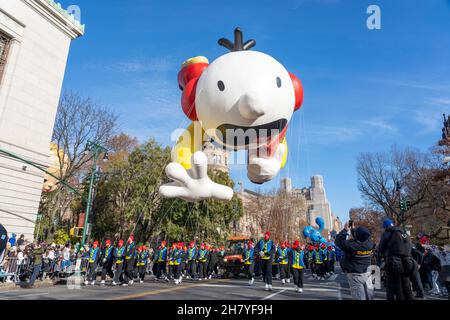 NEW YORK, NY - NOVEMBER 25: The Greg Heffley 'Diary of a Wimpy Kid' balloon moves through the 95th Annual Macy's Thanksgiving Day Parade on November 25, 2021 in New York City. Stock Photo