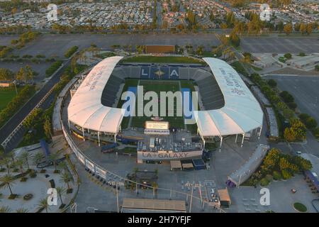 An aerial view of the San Diego State Aztecs and Mountain West Conference logos on the football field at Dignity Health Sports Park, Thursday, Nov. 25 Stock Photo