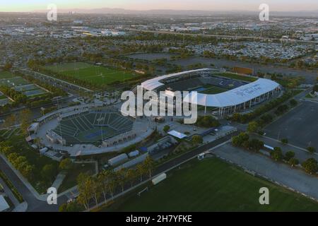 An aerial view of Dignity Health Sports Park soccer and tennis stadiums, Thursday, Nov. 25, 2021, in Carson, Calif. DSHP, formerly known as the StubHu Stock Photo