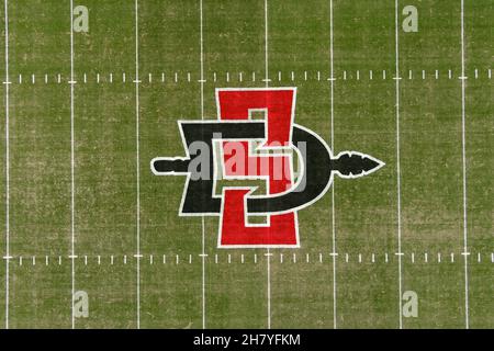 An aerial view of the San Diego State Aztecs logo on the football field at Dignity Health Sports Park, Thursday, Nov. 25, 2021, in Carson, Calif. DSHP Stock Photo