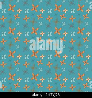 Seamless pattern with small orange yellow flowers on a green background, wallpaper wrapping textile design Stock Vector