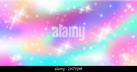 Rainbow fantasy background. Holographic illustration in pastel colors. Cute cartoon girly background. Unicorn sky with stars and bokeh. Vector. Stock Vector