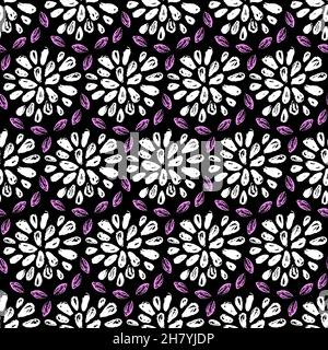 Organic pattern white flower dahlia on black seamless pattern, textile design and packaging vector illustration Stock Vector