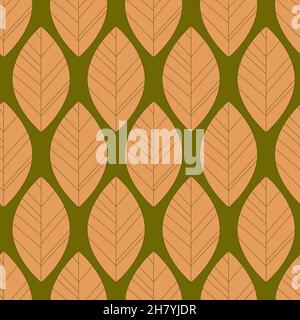 Yellow leaf outline on selenium marsh background, geometric seamless pattern, wallpaper wrapping textile design vector illustration Stock Vector