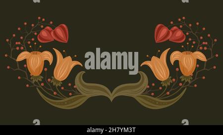 Autumn border with flowers, berries and physalis. Frame with floral ornament on dark background. Vector natural template with bouquets wreath for card Stock Vector