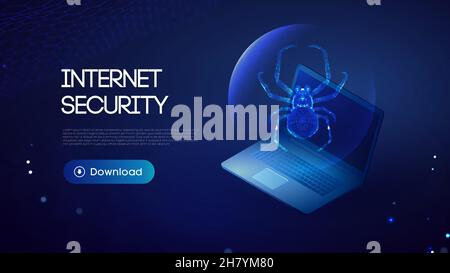 Cyber security isometric illustration. Laptop isometric with virus spider detected. Digital technology data protection. Stock Vector