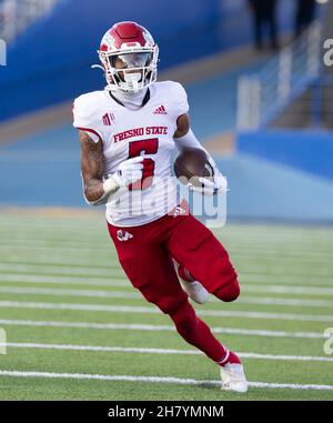 Fresno State wide receiver Jalen Cropper heads for a long gain against  Nevada during the first half of an NCAA college football game in Fresno,  Calif., Saturday, Oct. 23, 2021. (AP Photo/Gary