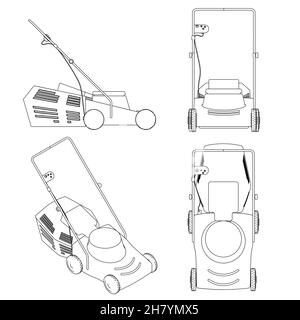 Set with contours of a lawn mower from black lines isolated on a white background. Side view, front, isometric, top. Vector illustration Stock Vector