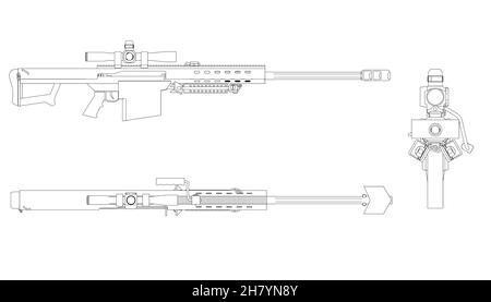 Set with rifle contours with telescopic sight from black lines isolated on white background. Side, top, front view. Vector illustration Stock Vector