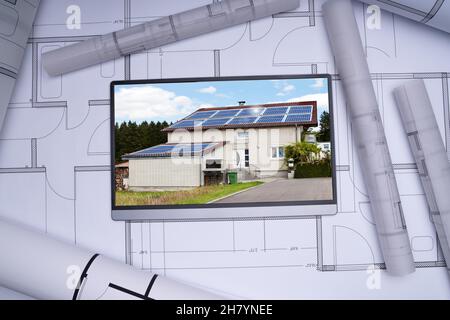 House Blueprint Plan On Architect Tablet Computer Stock Photo
