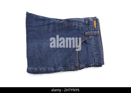 Folded blue jeans isolated on white background, denim folded on white background Stock Photo
