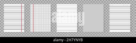 Realistic lined notepapers. Blank gridded notebook papers for homework and exercises. Vector illustration isolated on transparent background Stock Vector