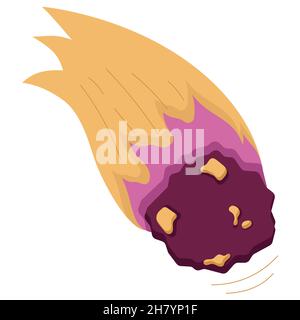 Asteroid illustration for decorating in a flat style, space object with fire tale, illustration isolated on a white. Stock Vector