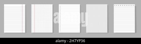 Set of realistic lined notepapers. Blank gridded notebook papers for homework and exercises. Vector illustration isolated on gray background Stock Vector