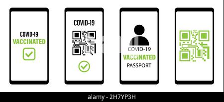 Set of vaccination passport in smartphone screen. Digital vaccination certificate. Mobile phone with immune digital health passport. Vacation and trav Stock Vector