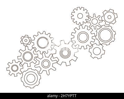 Gears vector set in hand drawn style. Goal, Planning, idea concept doodle illustration. Sketch gear infographic elements. Rotating mechanism for busin Stock Vector